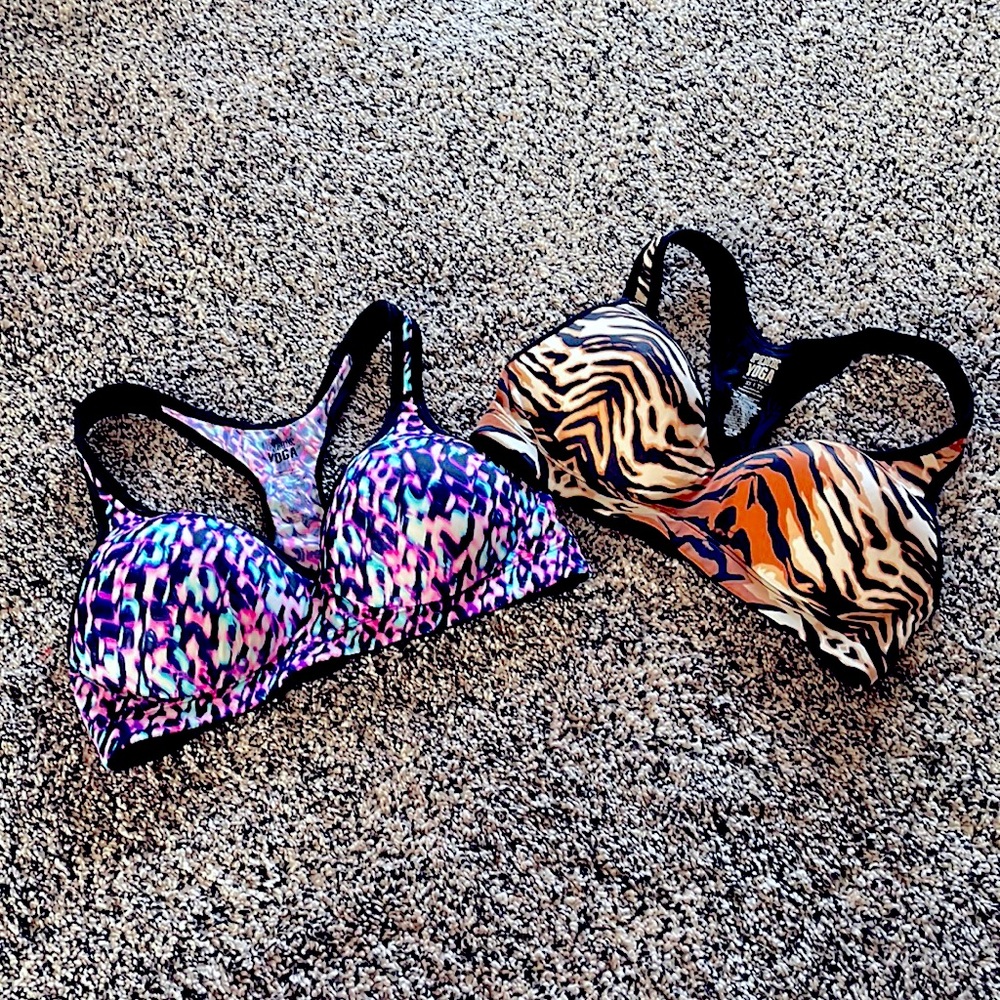 2 New Victoria Secret Pink formed padded sports bra xs multicolor tiger Love